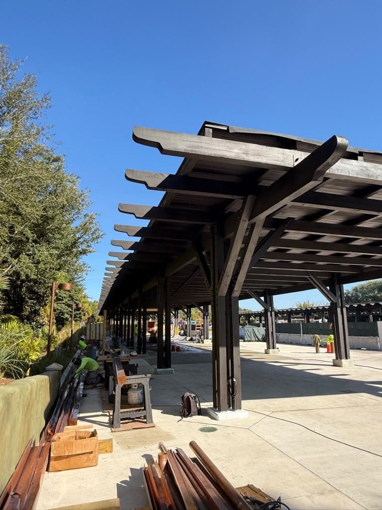 Wood and steel pergola coating - outdoor commercial structure